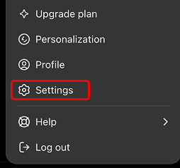 The ChatGPT account menu on chatgpt.com with Settings highlighted.
