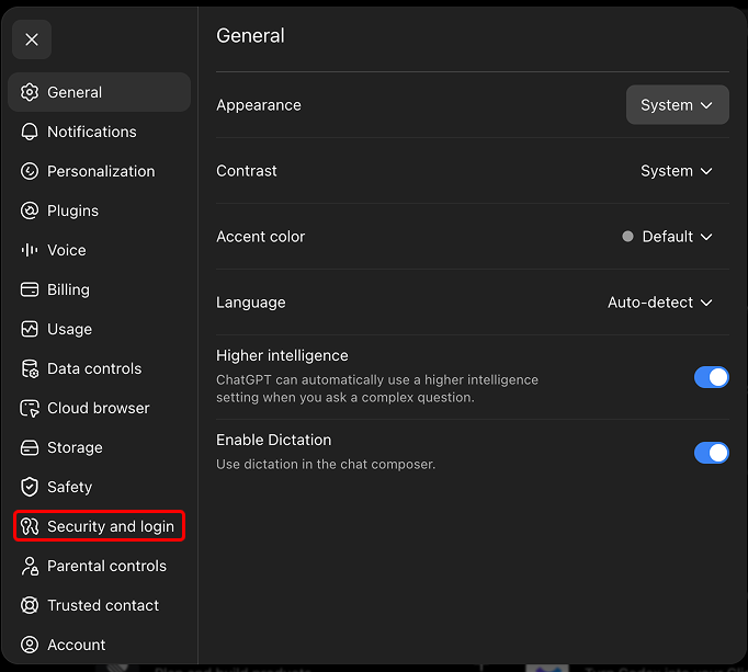 The ChatGPT web Settings screen with Security and login highlighted in the sidebar.