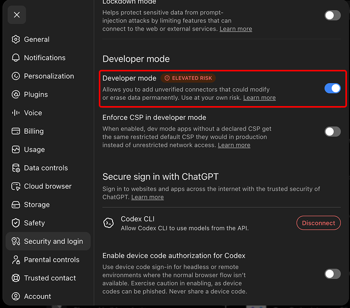 The Security and login screen on chatgpt.com with the Developer mode toggle switched on.