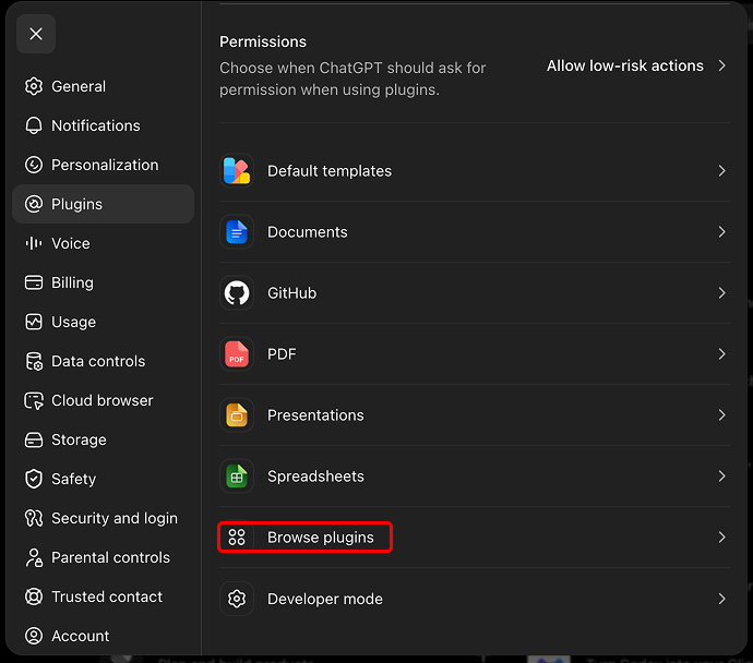 The Plugins screen in ChatGPT web settings with Browse plugins highlighted.