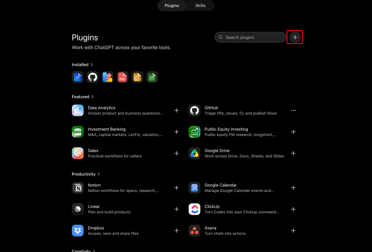 The Plugins gallery on chatgpt.com with the add button highlighted next to the search box.