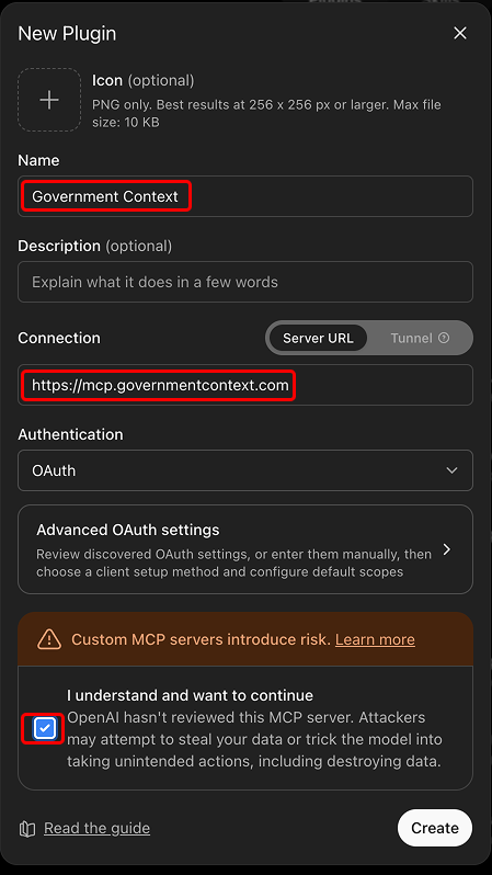 The New Plugin form in ChatGPT web with the name Government Context, the server URL entered, OAuth selected, and the risk acknowledgment checked.