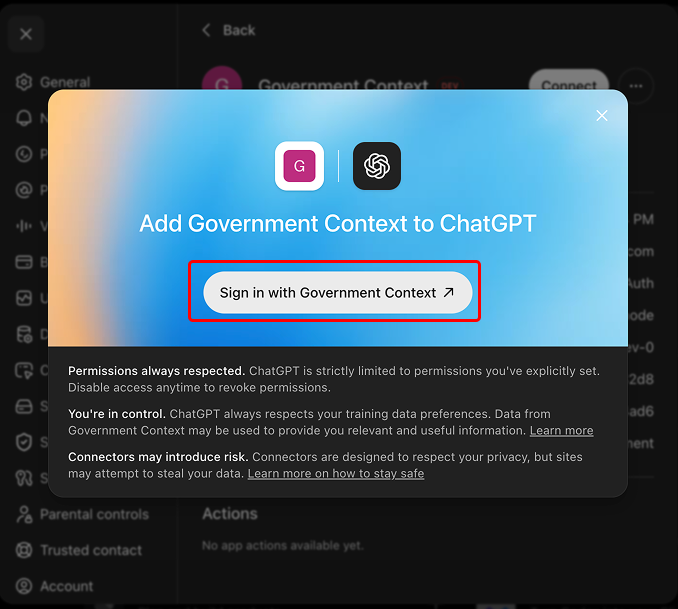 The Add Government Context to ChatGPT dialog on the web with the Sign in with Government Context button highlighted.