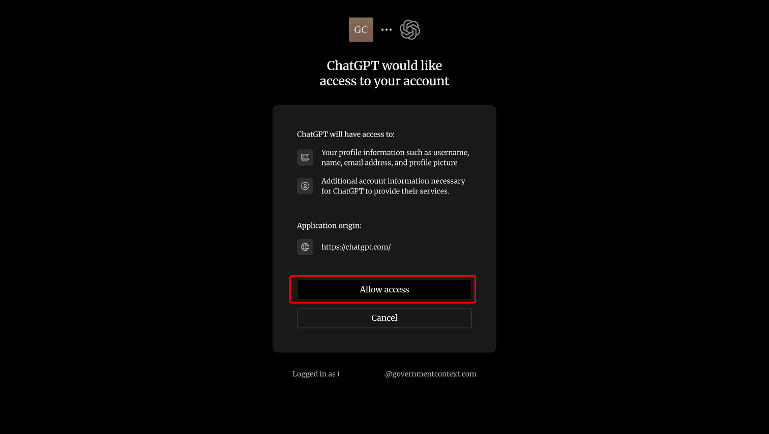 The Government Context OAuth screen asking to give ChatGPT access, with the Allow access button highlighted.