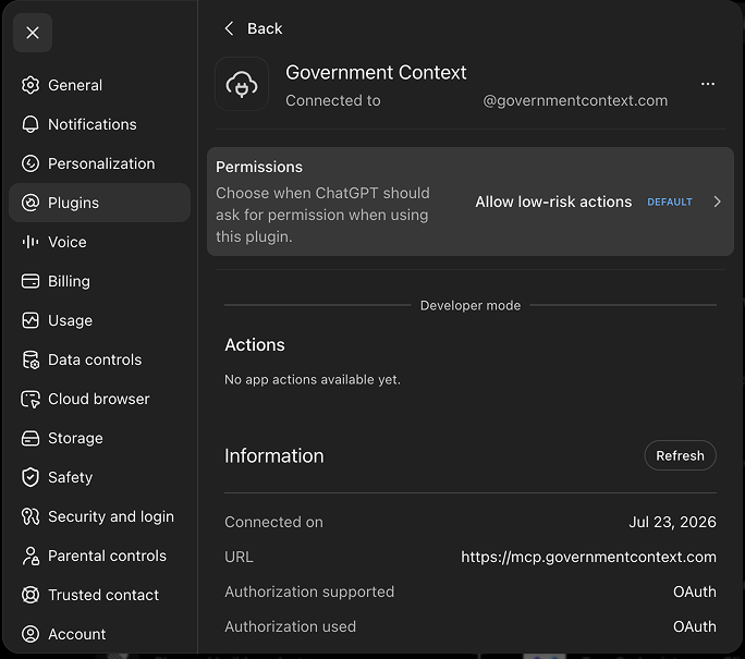 The connected Government Context plugin in ChatGPT web settings, showing the server URL and OAuth authorization.