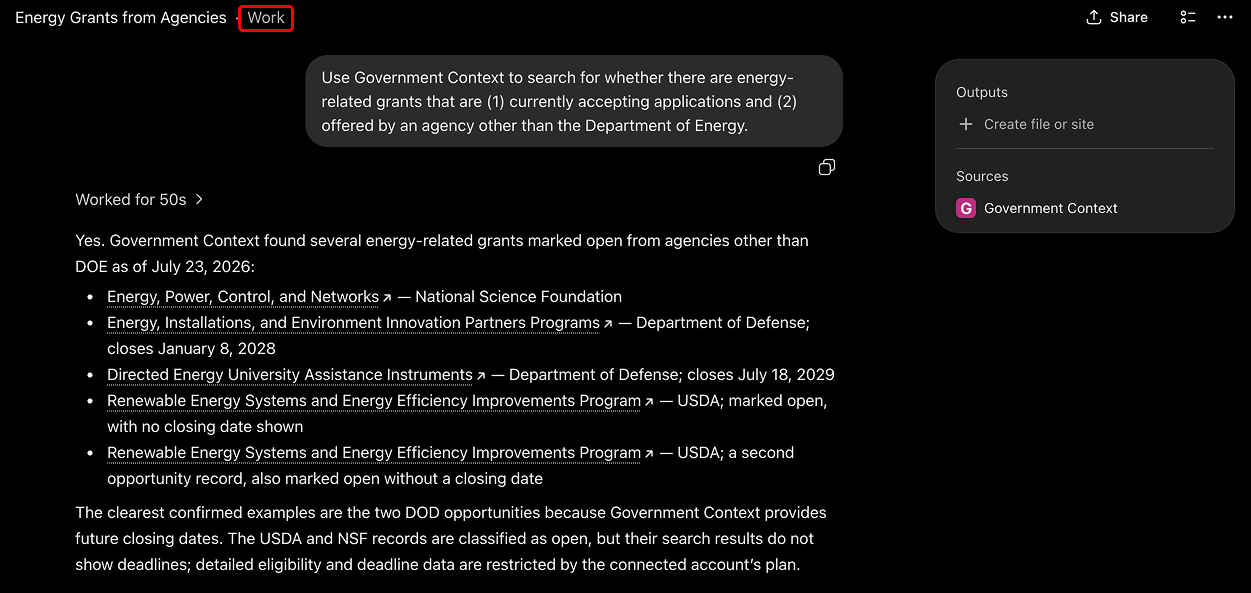 A ChatGPT web chat answering a question about federal energy grants, with Government Context shown as the source.