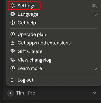 The Claude desktop app menu with Settings highlighted.
