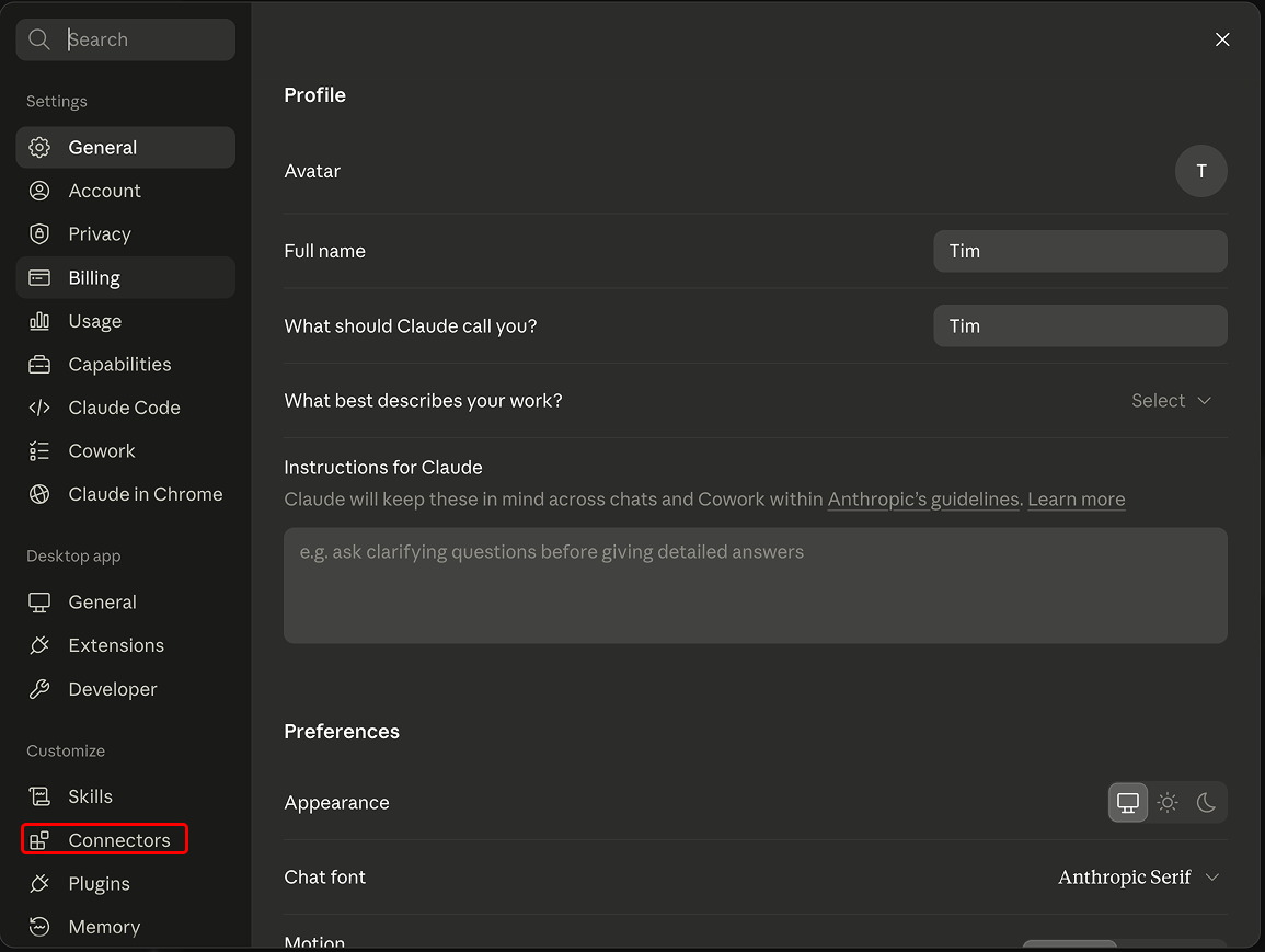 The Claude desktop Settings screen with Connectors highlighted in the sidebar.