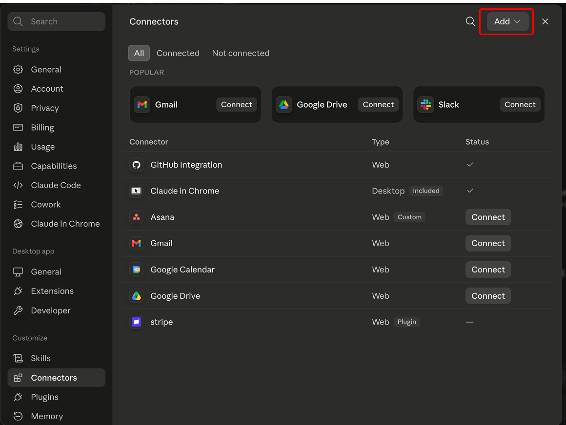 The Claude desktop Connectors screen with the Add button highlighted in the top right.