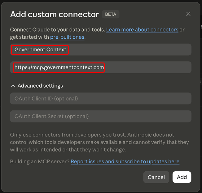 The Add custom connector dialog in Claude desktop with the name Government Context and the server URL entered.
